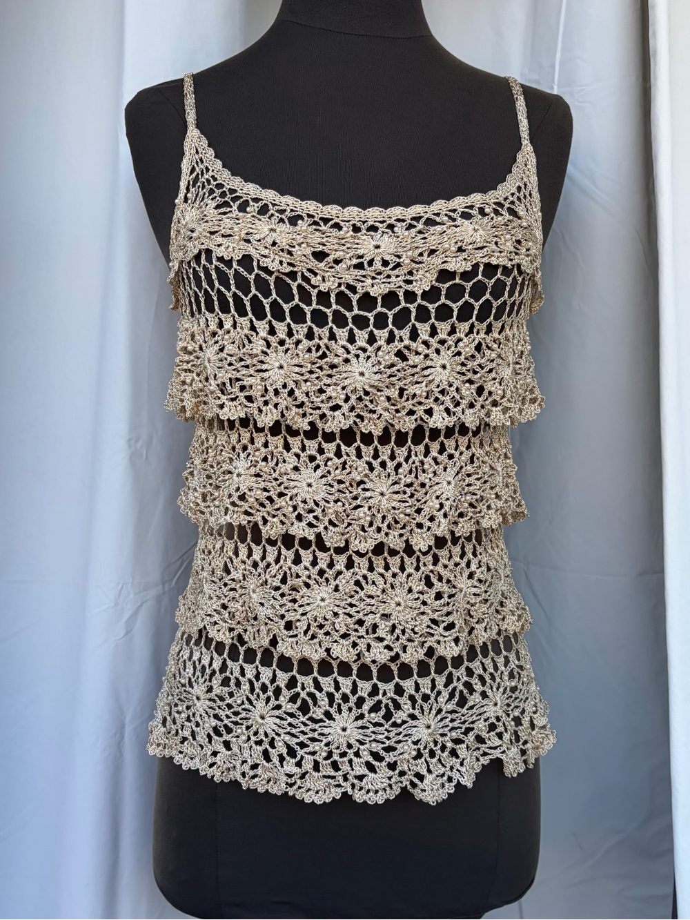Vintage OHS Beige Crochet Pearl Beaded Tiered Tank Top, Y2K Festival Boho Party